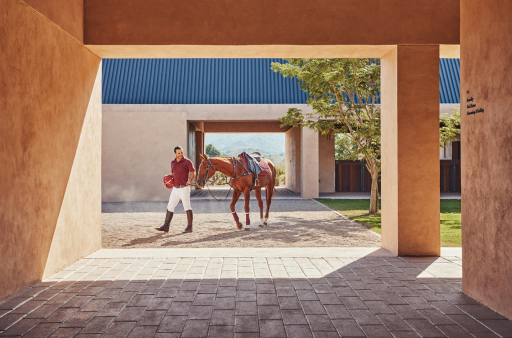 polo player leads horse into barn